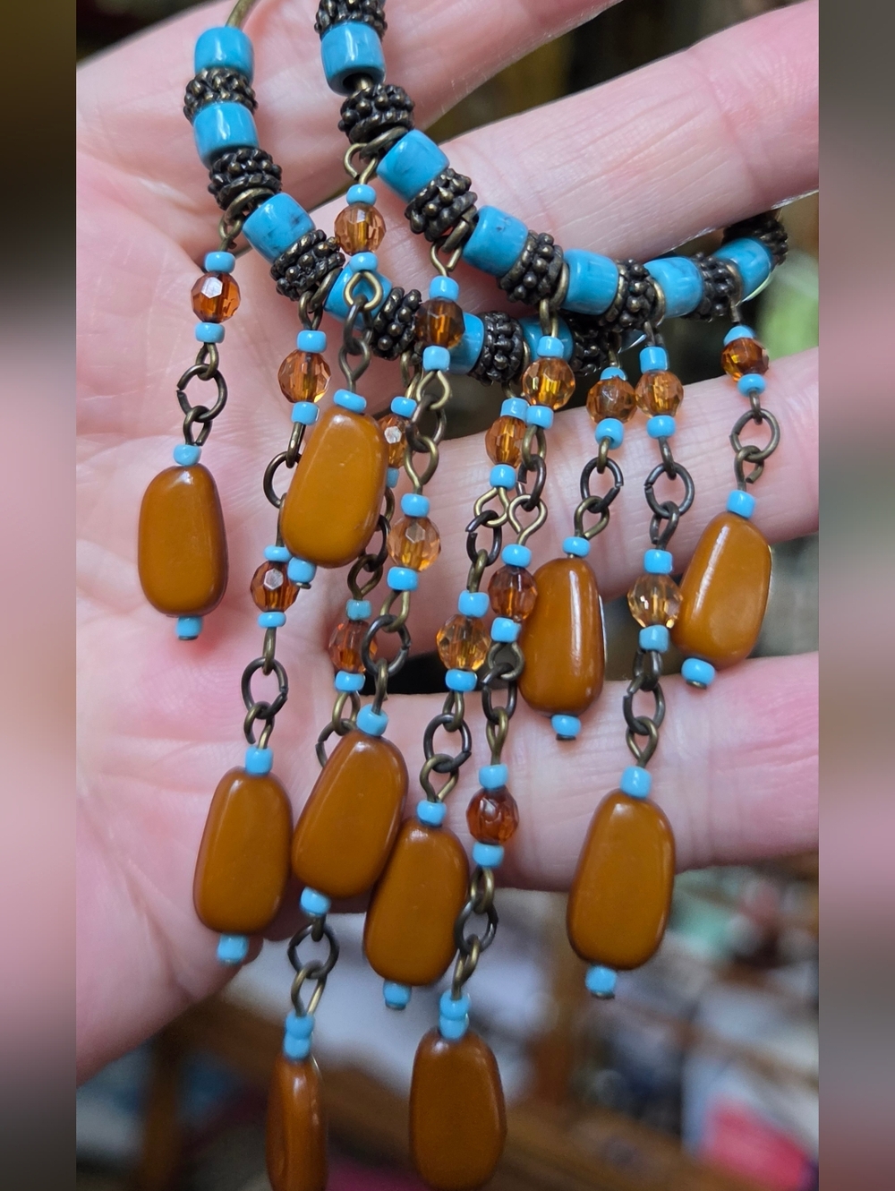 Boho Turquoise & Amber Vintage Beaded Hoop Earrings - Picture 3 of 6